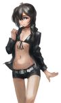  alternate_hairstyle bikini_top black_hair black_rock_shooter black_rock_shooter_(character) blue_eyes braid choker cowboy_shot doyora flat_chest front-tie_bikini front-tie_top hair_over_shoulder long_hair midriff scar short_shorts shorts single_braid solo 