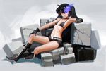  armpits bikini_top black_hair black_rock_shooter black_rock_shooter_(character) blue_eyes boots breasts burning_eye choker doyora hand_on_own_knee knee_boots long_hair rubble scar short_shorts shorts sitting small_breasts solo twintails 