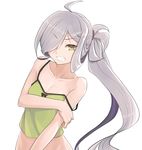  ahoge asashimo_(kantai_collection) bare_shoulders breast_hold breasts camisole cleavage clenched_teeth hair_over_one_eye kantai_collection konnyaku_(kk-monmon) long_hair side_ponytail silver_hair simple_background small_breasts solo strap_slip tears teeth very_long_hair white_background wince yellow_eyes 