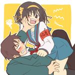  armband black_hair brown_eyes brown_hair girl_on_top kita_high_school_uniform kyon school_uniform serafuku short_hair straddling suzumiya_haruhi suzumiya_haruhi_no_yuuutsu taiki_(6240taiki) 