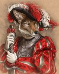  anthro armor canine clothed clothing coyote fur hat male mammal plain_background portrait redcoatcat solo sword terak weapon white_fur 