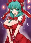  aura bouncing_breasts bow breasts bursting_breasts cleavage dress front_ponytail green_eyes green_hair hair_bow heart highres kagiyama_hina large_breasts n_(dai_n_honpo) open_mouth puffy_short_sleeves puffy_sleeves red_dress ribbon short_sleeves smile solo touhou v_arms wrist_ribbon 