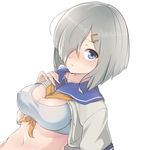  between_breasts blue_eyes bra breast_suppress breasts cleavage hair_ornament hair_over_one_eye hairclip hamakaze_(kantai_collection) kantai_collection konnyaku_(kk-monmon) large_breasts sailor_collar shirt_lift silver_hair simple_background solo sports_bra underwear white_background 