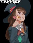  bangs brown_hair coin disembodied_limb doyora hands hat highres kagari_atsuko little_witch_academia long_hair purple_eyes solo trigger_(company) trypophobia what witch_hat 