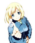  bad_id bad_pixiv_id blonde_hair blue_eyes erica_hartmann finger_gun long_sleeves looking_at_viewer military military_uniform shiratama_(hockey) short_hair smile solo strike_witches traditional_media uniform watercolor_(medium) world_witches_series 