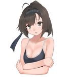  ahoge akizuki_(kantai_collection) bare_shoulders black_eyes black_hair breast_hold breasts cleavage collarbone competition_school_swimsuit crossed_arms hairband kantai_collection konnyaku_(kk-monmon) medium_breasts one-piece_swimsuit open_mouth ponytail simple_background solo swimsuit upper_body white_background 