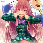  bow colored_eyelashes efe expressionless eyebrows_visible_through_hair face_mask fox_mask hata_no_kokoro long_hair long_sleeves looking_at_viewer mask mouth_pull oni_mask pink_eyes pink_hair plaid plaid_shirt shirt sidelocks skirt solo touhou urban_legend_in_limbo very_long_hair 