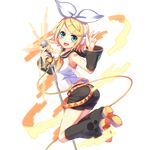  :d aqua_eyes artist_request belt blonde_hair bow detached_sleeves full_body headphones highres jumping kagamine_rin microphone open_mouth shorts smile solo transparent_background uchi_no_hime-sama_ga_ichiban_kawaii v vocaloid 