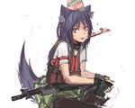  animal_ears assault_rifle black_legwear blue_hair brown_eyes bullet dog_ears dog_tail fang fingerless_gloves galil_ar_(upotte!!) gloves gun happy_birthday hat highres imi_galil indian_style load_bearing_vest long_hair magazine_(weapon) panties_(pantsu-pirate) pantyhose party_hat party_horn rifle school_uniform serafuku sitting sketch skirt solo tail upotte!! weapon 