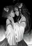  ahoge closed_eyes detached_sleeves doyora greyscale hiei_(kantai_collection) imminent_kiss kantai_collection kongou_(kantai_collection) long_hair monochrome multiple_girls nontraditional_miko short_hair yuri 