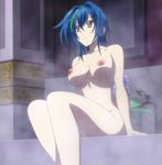  blue_hair breasts female high_school_dxd indoors large_breasts nipples nude sitting smile solo water wet xenovia_(high_school_dxd) yellow_eyes 