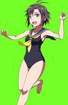  antenna_hair barefoot black_hair black_swimsuit breasts green_background idolmaster idolmaster_(classic) kikuchi_makoto one-piece_swimsuit open_mouth puge purple_eyes running sailor_collar short_hair small_breasts smile solo swimsuit toes 