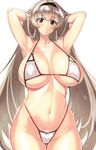  arms_up bikini breasts brown_eyes brown_hair hairband highleg highleg_bikini highleg_swimsuit holding holding_hair huge_breasts long_hair navel original smile solo standing swimsuit takamura_wamu very_long_hair 