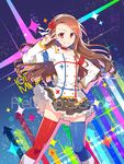  :d blush brown_eyes brown_hair character_name flower hair_flower hair_ornament hand_on_hip idolmaster idolmaster_(classic) idolmaster_movie long_hair minase_iori open_mouth red_eyes redrop sample skirt smile solo starpiece_memories thighhighs v 