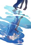  1girl allison_&amp;_lillia allison_whittington black_footwear blonde_hair blue_eyes boots brown_hair cloud highres hitsuji_(hanatoutau) knee_boots long_hair puddle reflection ripples shoes star wilhelm_schultz 