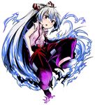  afolo blue_fire fire fujiwara_no_mokou full_body hair_ribbon hand_in_pocket high_ponytail jumping long_hair open_mouth pants pink_eyes ponytail red_pants ribbon simple_background solo torn_clothes torn_sleeve touhou very_long_hair white_hair 
