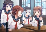  akatsuki_(kantai_collection) black_hair blush brown_hair classroom closed_eyes folded_ponytail hat hibiki_(kantai_collection) hyuuga_azuri ikazuchi_(kantai_collection) inazuma_(kantai_collection) kantai_collection long_hair multiple_girls open_mouth school_uniform serafuku short_hair silver_hair 