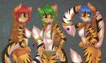  2015 anthro areola blue_hair breasts brown_hair clothed clothing collar feline female green_eyes green_hair group hair half-dressed mammal michithethird nipples panties pink_nose plain_background red_hair sibling stripes tail_ring tiger topless two-toned_hair underwear yin_yang 