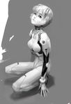  ayanami_rei bodysuit doyora greyscale hairpods monochrome neon_genesis_evangelion plugsuit rebuild_of_evangelion short_hair solo squatting white_bodysuit 