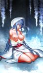  absurdres bare_shoulders blue_eyes blue_hair breasts collarbone earrings highres hood japanese_clothes jewelry kimono large_breasts long_hair looking_at_viewer nipples obi original otaku_(artist) plant sash sidelocks sitting sky snowflakes solo star_(sky) starry_sky very_long_hair yokozuwari yuki_onna 