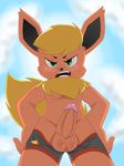  angry blonde_hair blush bulge clothed clothing diskodeath eeveelution erection flareon fur green_eyes hair half-dressed looking_at_viewer male nintendo open_mouth orange_fur outside penis pok&eacute;mon precum standing teeth tongue topless underwear video_games 