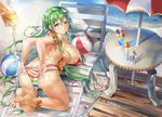  ass back ball barefoot beach bikini breasts chair drink flower_anklet frog_hair_ornament green_hair hair_ornament himuro_(dobu_no_hotori) kochiya_sanae large_breasts long_hair looking_at_viewer looking_back lounge_chair lying multicolored multicolored_stripes nipples ocean on_stomach parasol parted_lips snake_hair_ornament solo striped striped_bikini striped_swimsuit suggestive_fluid swimsuit table topless touhou umbrella very_long_hair wet 