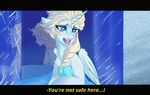  blue_eyes blush clothing crossover disney dress english_text equine female feral frozen_(movie) hair horn kikuri-tan mammal my_little_pony queen_elsa_(frozen) solo text white_hair winged_unicorn wings 