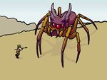  2014 animated arachnid arthropod blonde_hair blood clothed clothing dwarf dwarf_fortress fight hair helmet nausved polearm red_eyes shield spear spider sword weapon 