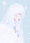  androgynous blue_background blue_eyes cardcaptor_sakura eyelashes full_moon gem half-closed_eyes lips long_hair male_focus moon pale_color pastellish simple_background solo star white white_hair yue_(ccs) 