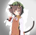  animal_ears blood blood_on_face bloody_hands brown_hair cat_ears cat_tail chen chinese_clothes earrings hat highres jewelry multiple_tails open_mouth red_eyes short_hair solo sorairo_usagi tail touhou 