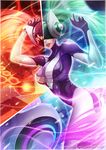  alternate_costume artist_name breasts cowboy_shot dj dj_sona facebook_username green_hair large_breasts league_of_legends long_hair magion02 mask multicolored_hair red_hair signature skin_tight solo sona_buvelle twintails watermark web_address 