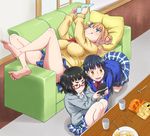  ;q all_fours asymmetrical_hair bad_id bad_pixiv_id barefoot black_hair blazer blonde_hair blue_eyes breasts cardigan couch feet galko glasses handheld_game_console jacket large_breasts long_hair lying multiple_girls nintendo_3ds ojou_(galko) on_back one_eye_closed one_side_up oshiete!_galko-chan otako_(galko) plaid plaid_skirt playing_games red-framed_eyewear school_uniform scrunchie short_hair side_bun sitting skirt smile sweater ten_piboshi toes tongue tongue_out yellow_eyes 
