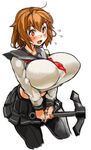  :d alternate_breast_size anchor black_legwear black_skirt blush breasts brown_eyes brown_hair covered_nipples cropped_legs fang flying_sweatdrops holding huge_breasts ikazuchi_(kantai_collection) kantai_collection long_sleeves miniskirt open_mouth pantyhose perky_breasts pleated_skirt sachito school_uniform serafuku short_hair simple_background skirt smile solo white_background 