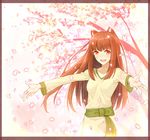  animal_ears border brown_hair highres holo long_hair outstretched_arms red_eyes shirousagi_uyu smile solo spice_and_wolf tree wolf_ears 