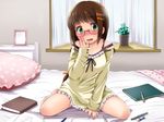  bare_legs blush book brown_hair drawing_equipment eraser frilled_pillow frills glasses green_eyes hand_to_head kozue_akari looking_at_viewer nightgown open_mouth original pen pillow plant potted_plant sitting solo wariza window 