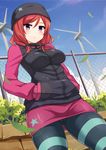  beanie chain-link_fence cloud colored_stripes day fence hands_in_pockets hat jacket looking_at_viewer love_live! love_live!_school_idol_project mmrailgun nishikino_maki open_mouth pantyhose purple_eyes red_hair short_hair sky solo striped striped_legwear track_jacket wind_turbine windmill 