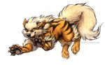  2015 arcanine black_fur black_stripes brown_eyes claws feral fluffy_tail fur kenket male nintendo open_mouth orange_fur pawpads paws plain_background pok&eacute;mon pouncing smile solo striped_body teeth tongue video_games white_background white_fur 