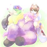  bigger_version_at_the_source bottle breasts brown_eyes brown_hair canine dog female green_eyes green_hair hair invalid_tag kemono long_hair male mammal open_mouth purple_hair short_hair unknown_artist 
