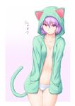  animal_hood highres hood hoodie kantai_collection niwatazumi no_bra no_pants panties pink_eyes purple_hair short_hair solo sweat tama_(kantai_collection) underwear white_panties 