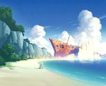  beach blonde_hair cloud day long_hair mocha_(cotton) original outdoors sand scenery shipwreck sitting sky solo water 