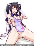  apron bar_censor black_hair blue_eyes blue_ribbon blush breasts censored dungeon_ni_deai_wo_motomeru_no_wa_machigatteiru_darou_ka gloves hestia_(danmachi) large_breasts long_hair naked_apron nipples pee peeing peeing_self pussy rei_no_himo ribbon solo sweat thighs translation_request twintails waist_apron white_gloves zero_hime 