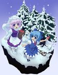  :d :o \||/ akuto apple bag blue_eyes blue_hair blush bobby_socks bow cirno dress faux_figurine food fruit grocery_bag hair_bow hat juliet_sleeves large_bow layered_dress letty_whiterock long_sleeves mary_janes multiple_girls open_mouth pine_tree popsicle puffy_sleeves purple_eyes purple_hair scarf shoes shopping_bag short_hair smile snow snowing socks tareme touhou tree watermelon_bar white_scarf 