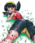  1girl ass bandanna bare_shoulders bike_shorts black_hair blood blush breasts brown_hair bruise crying crystal_(pokemon) cuts from_behind grass hun impaled injury legs long_hair looking_down lying nintendo on_stomach open_mouth pokemon pokemon_(game) pokemon_gsc sideboob solo spikes tears torn_clothes 