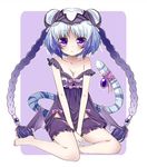  babydoll bare_shoulders barefoot bat_wings between_legs bloomers blush bow braid breasts cleavage collarbone double_bun hair_ornament haku_(p&amp;d) long_hair looking_at_viewer low_wings medium_breasts multicolored_hair purple_bow purple_eyes purple_ribbon puzzle_&amp;_dragons ribbon sitting solo strap_slip tail tail_ornament tail_ribbon takoyaki_kenken twin_braids two-tone_hair underwear v_arms very_long_hair wings yokozuwari 