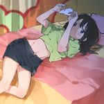  bed black_hair blue_eyes blurry blush curtains denim denim_skirt depth_of_field kitashirakawa_tamako lying messy_hair midriff momose_(oqo) navel note paper pillow shirt short_hair skirt skirt_lift solo tamako_market torn 