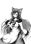  animal_ears breasts brooch dress fang fingernails greyscale hidefu_kitayan imaizumi_kagerou jewelry large_breasts layered_dress long_hair long_sleeves looking_at_viewer monochrome open_mouth sharp_fingernails simple_background solo touhou very_long_hair wolf_ears 