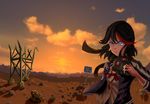  1girl black_hair blue_eyes crossover desert fallout highres jacket kill_la_kill matoi_ryuuko outdoors scarf school_uniform short_hair two-tone_hair 