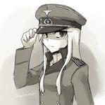  frown grete_m_gollob hand_on_headwear hat long_hair long_sleeves looking_away makaze_(t-junction) military military_uniform peaked_cap solo twitter_username uniform upper_body world_witches_series 