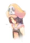  blush brown_eyes brown_hair guilty_gear guilty_gear_xrd hat long_hair may_(guilty_gear) orange_hat pirate_hat simple_background skull skull_and_crossbones solo white_background yurise 