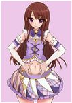  aikatsu! aikatsu!_(series) brown_hair elbow_gloves gloves hands_on_own_stomach long_hair midriff navel purple_eyes shibuki_ran skirt tyranu 